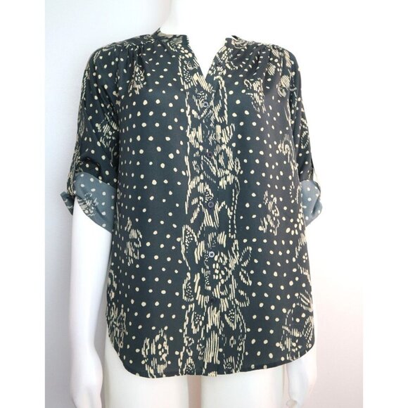 WOMEN'S BLACK BEIGE PRINT BLOUSE - SILKY TEXTURE - COLLECTIVE CONCEPTS - SIZE M - Picture 1 of 5